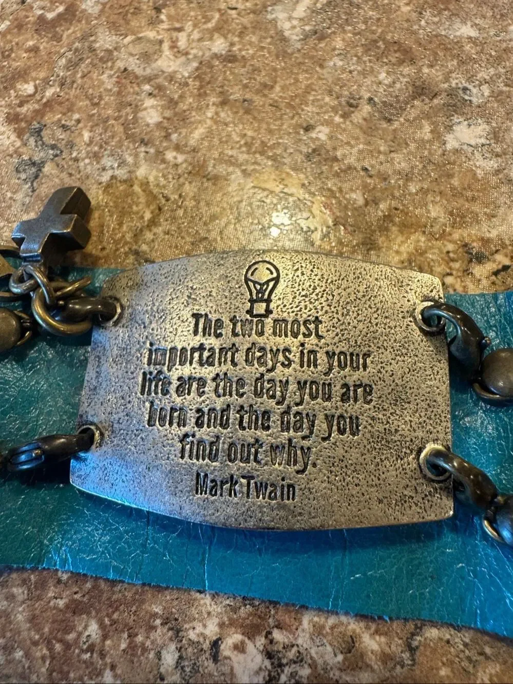Turquoise Leather Cuff Bracelet Mark Twain Quote Peace Cross Charm Adjustable